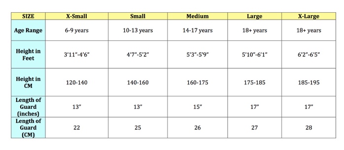 Shin guard Size Chart